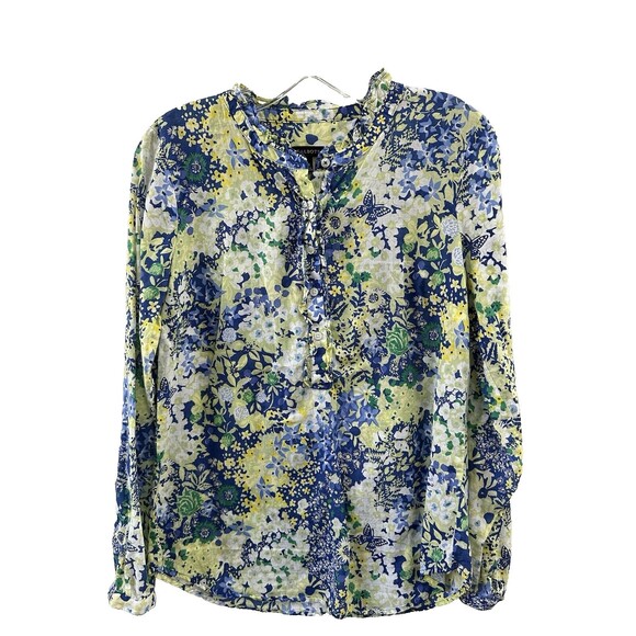 Talbots Blue Yellow White Floral Print LS Womens Top Size XS Ruffle Trim - Picture 4 of 8